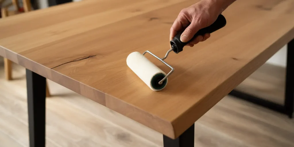 table de cuisine sur mesure vernis incolore mat chêne massif et acier