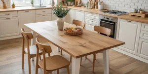 table de cuisine sur mesure - chêne massif et métal blanc